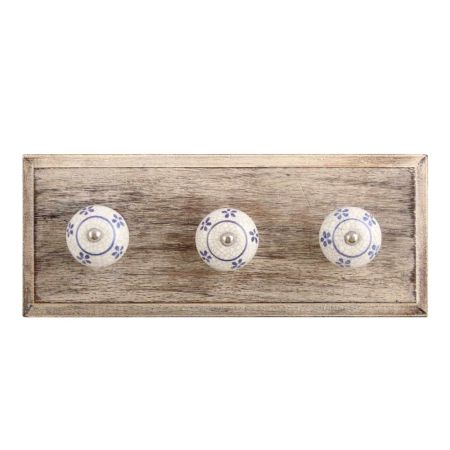 Blue Tiny Flower Crackle Ceramic Wooden Hooks